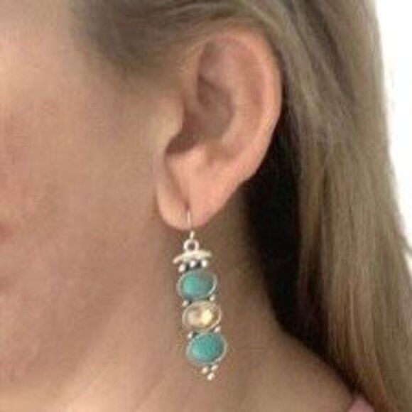 Turquoise & Amber Glass Drop Earrings – Sculptural Thai Style - Picture 10 of 12